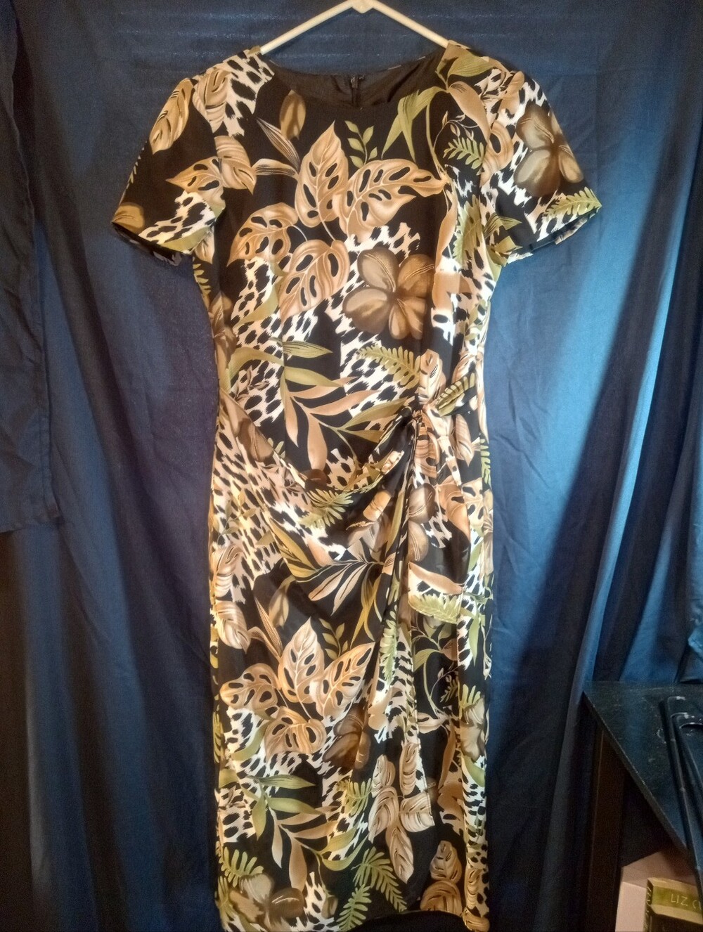 John Roberts Black Tropical Print Twist-Waist Dress